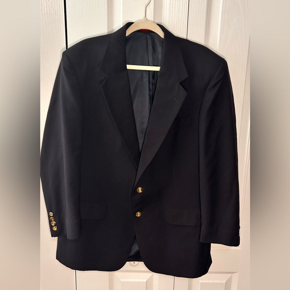 Savile Row Blazer Mens 42R Black 2 Gold Button 100% Pure Wool Sports Coat‎